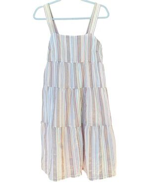 Madewell White midi Sundress with multi color pinstripes 100% cotton Sz 4